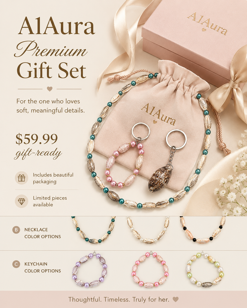 A1Aura 3-Piece Ocean Gift Set – Shell Necklace, Mini Bead Keychain & Real Shell Charm Keychain