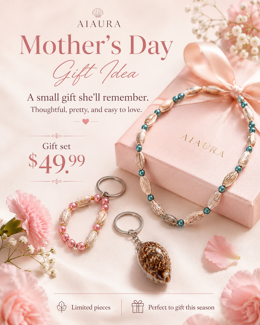 A1Aura 3-Piece Ocean Gift Set – Shell Necklace, Mini Bead Keychain & Real Shell Charm Keychain