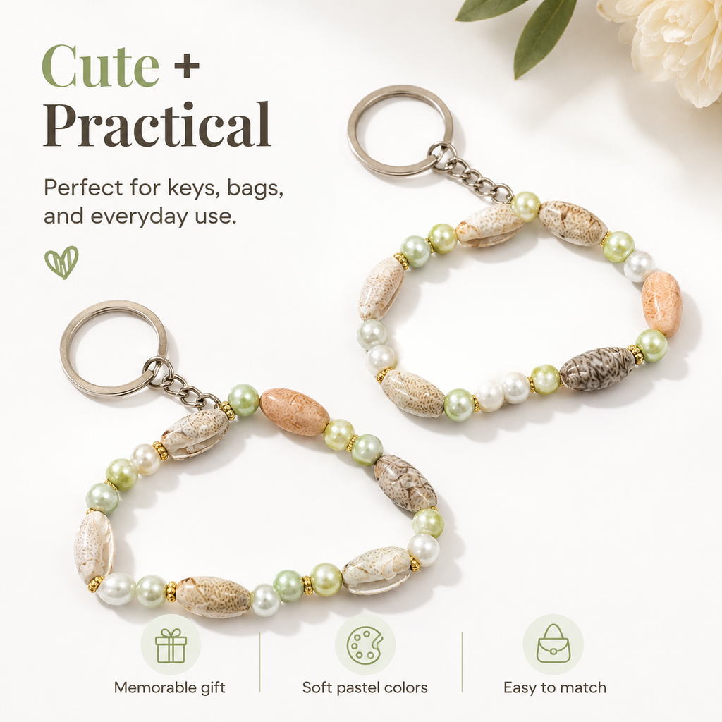A1Aura Mini Shell Bead Keychain – Cute Pastel Beaded Shell Key Ring Charm