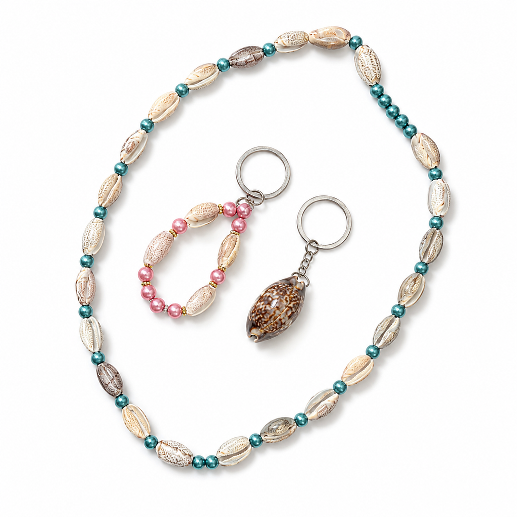 A1Aura 3-Piece Ocean Gift Set – Shell Necklace, Mini Bead Keychain & Real Shell Charm Keychain