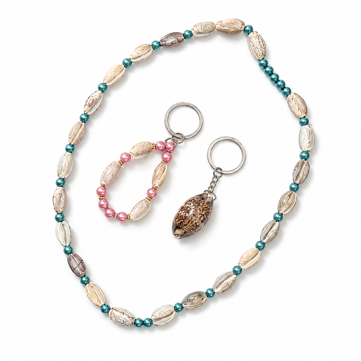 A1Aura 3-Piece Ocean Gift Set – Shell Necklace, Mini Bead Keychain & Real Shell Charm Keychain