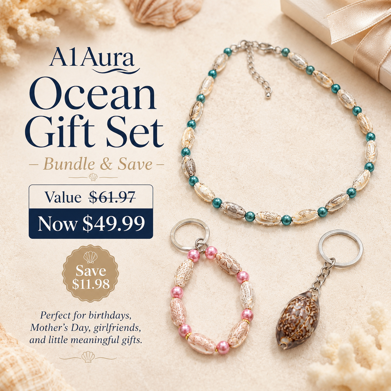 A1Aura 3-Piece Ocean Gift Set – Shell Necklace, Mini Bead Keychain & Real Shell Charm Keychain