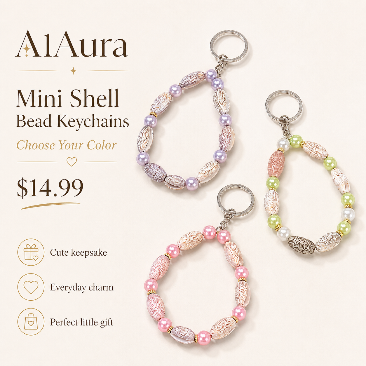 A1Aura Mini Shell Bead Keychain – Cute Pastel Beaded Shell Key Ring Charm