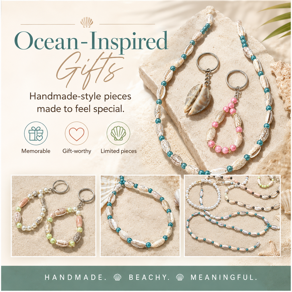 A1Aura 3-Piece Ocean Gift Set – Shell Necklace, Mini Bead Keychain & Real Shell Charm Keychain