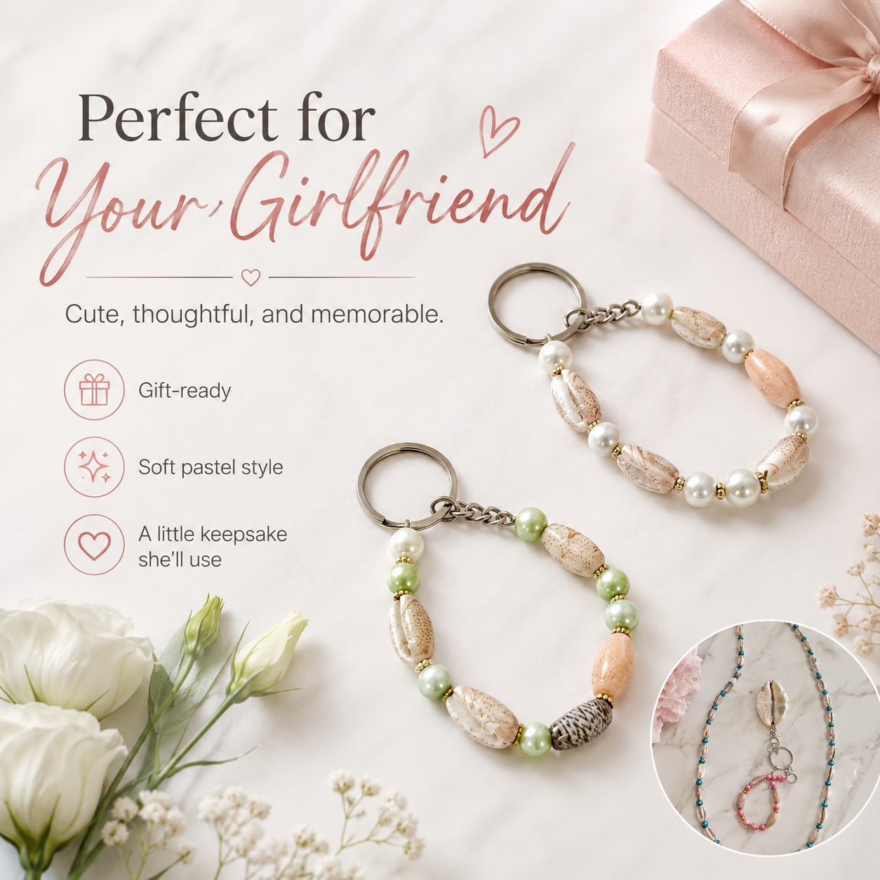 A1Aura Mini Shell Bead Keychain – Cute Pastel Beaded Shell Key Ring Charm