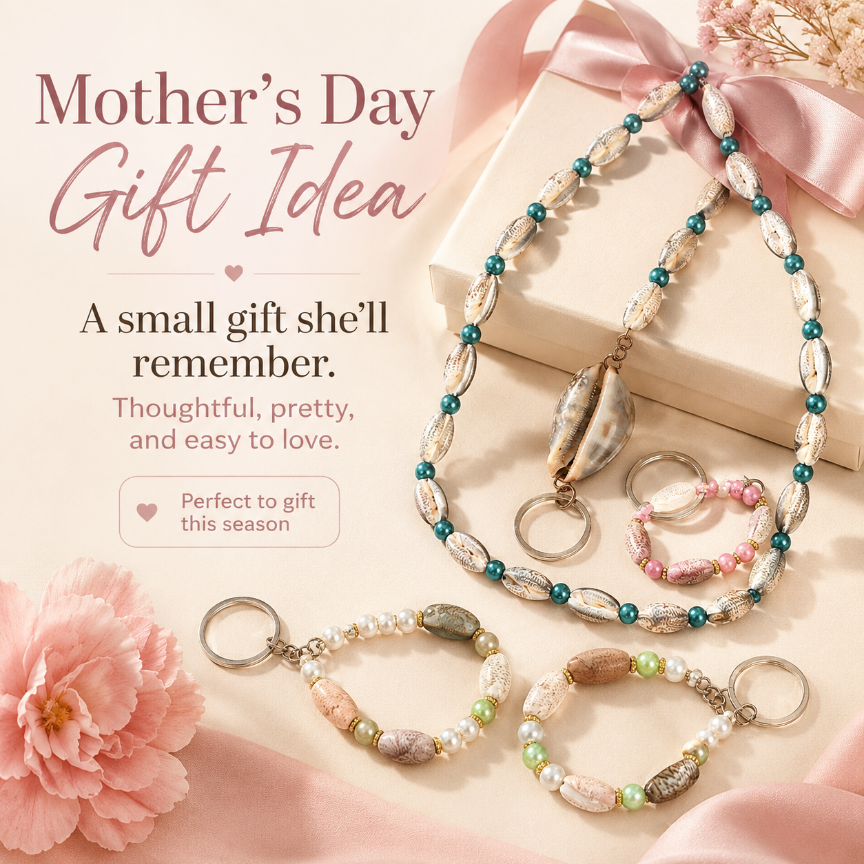 A1Aura 3-Piece Ocean Gift Set – Shell Necklace, Mini Bead Keychain & Real Shell Charm Keychain
