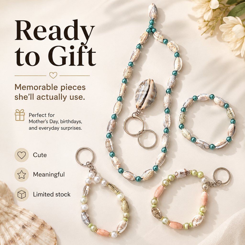 A1Aura 3-Piece Ocean Gift Set – Shell Necklace, Mini Bead Keychain & Real Shell Charm Keychain