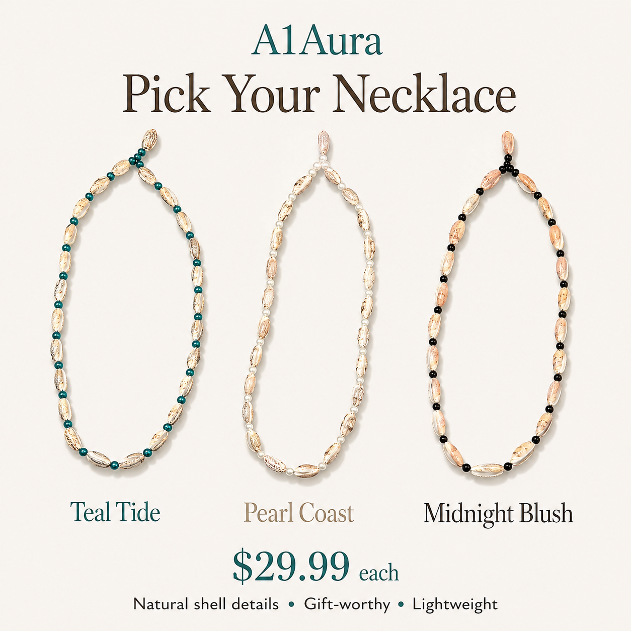 A1Aura Ocean Shell Bead Necklace | Cowrie Beach Jewelry