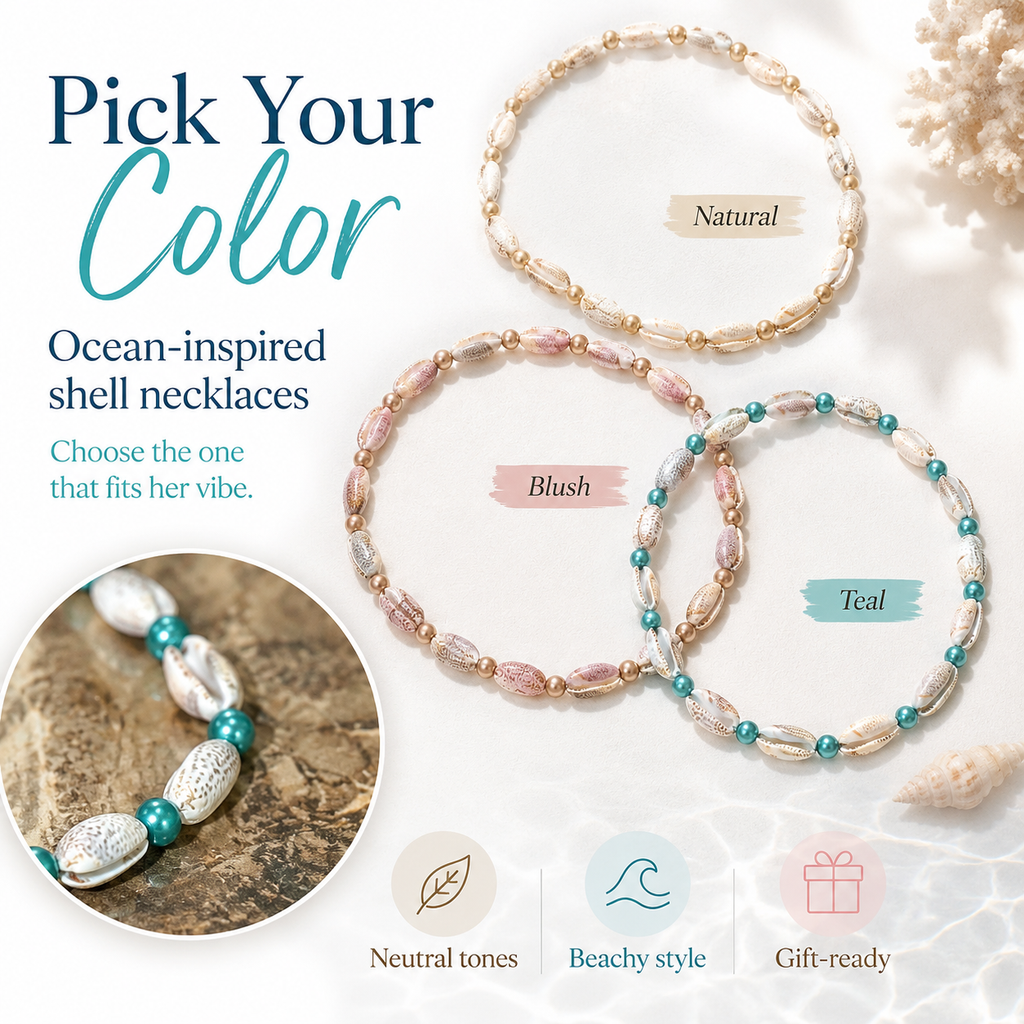A1Aura 3-Piece Ocean Gift Set – Shell Necklace, Mini Bead Keychain & Real Shell Charm Keychain