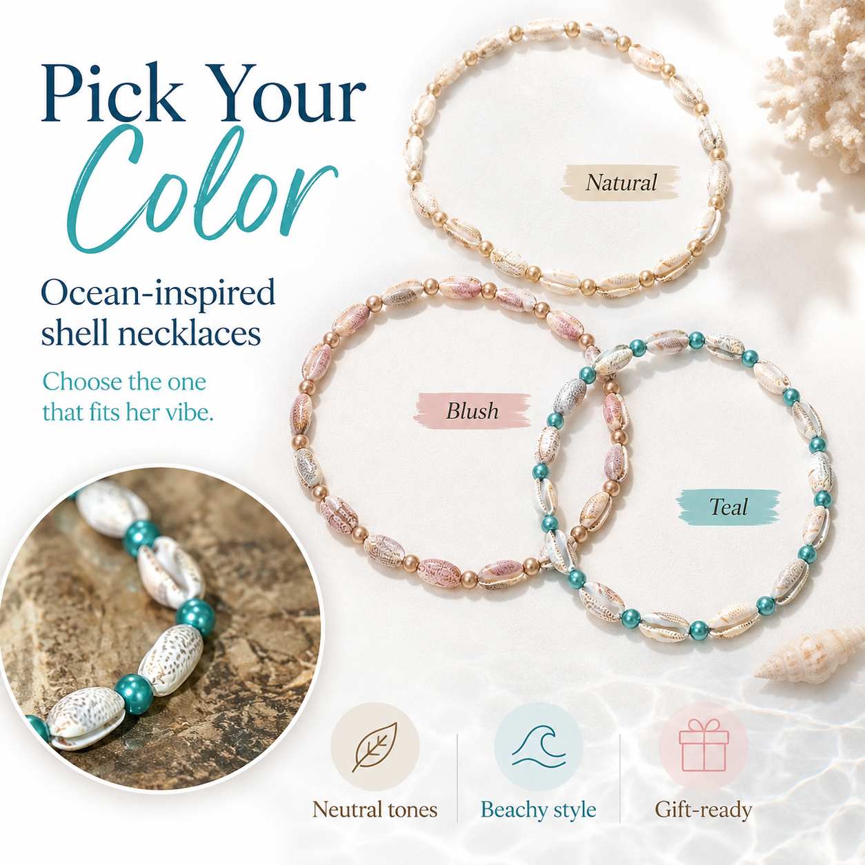 A1Aura 3-Piece Ocean Gift Set – Shell Necklace, Mini Bead Keychain & Real Shell Charm Keychain